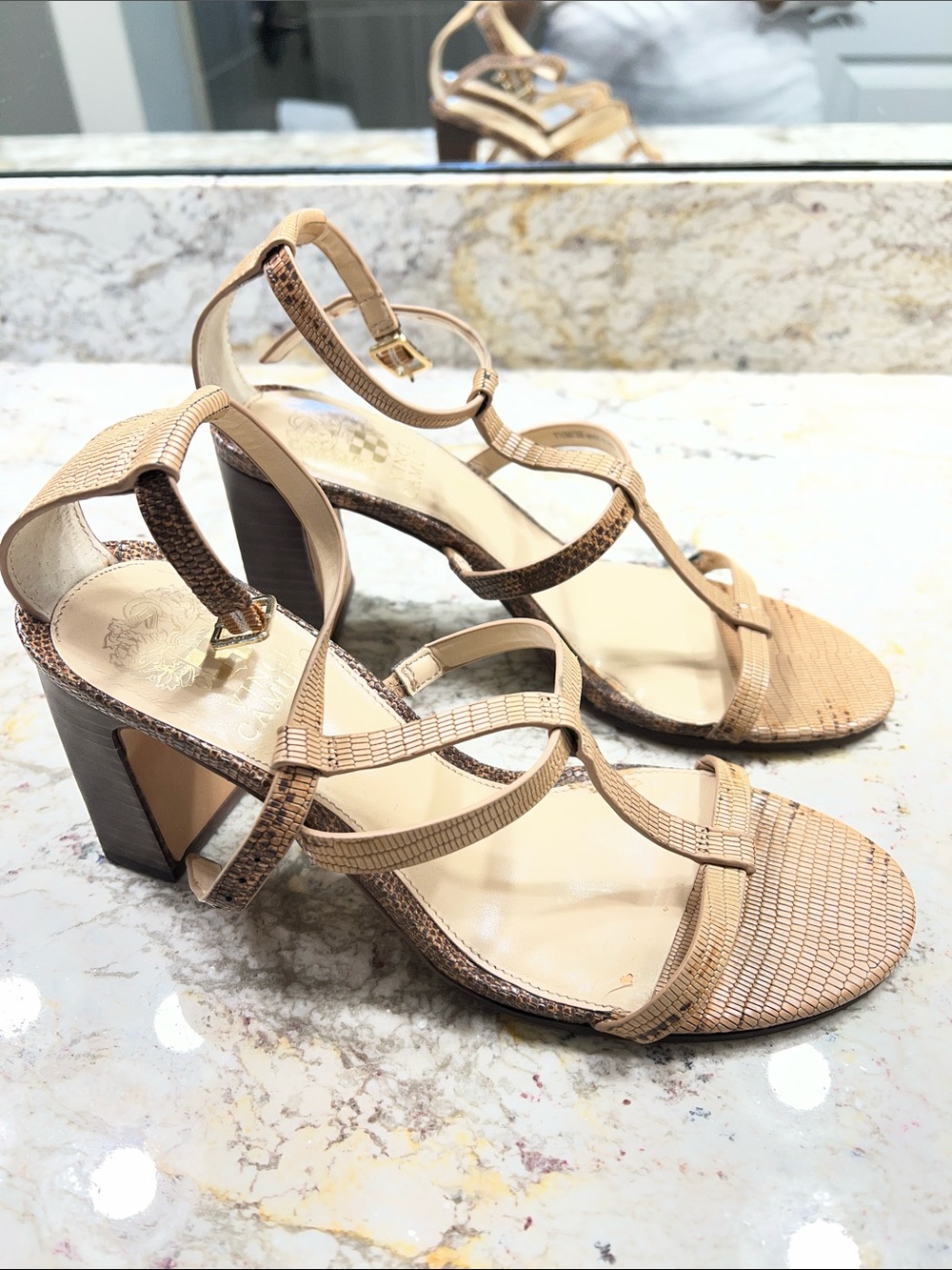 Vince Camuto Beige and Brown Strappy Block Heel Sandals